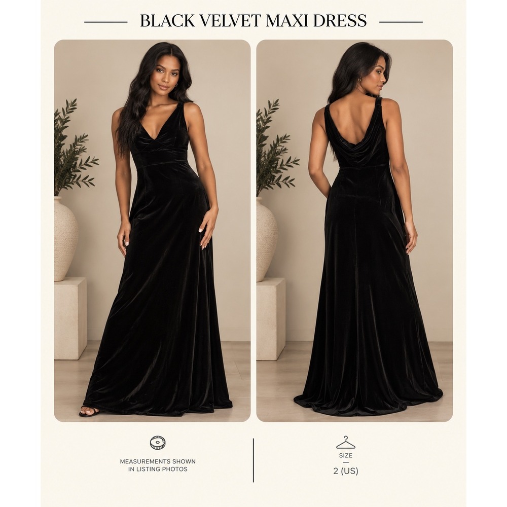 Evelry Black Velvet Maxi Dress Cowl Back V-Neck Formal Gown Size 2